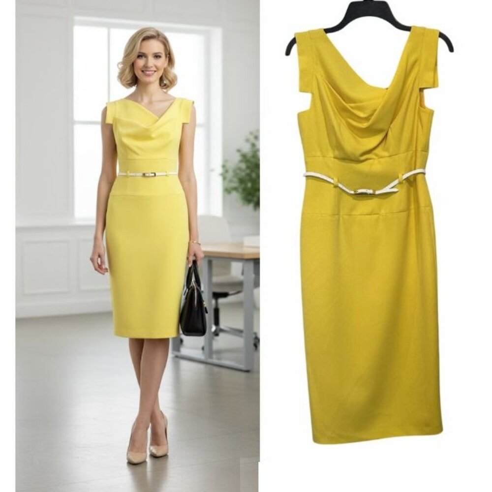 ✨Black Halo Yellow Sheath Dress Cowl Neck Midi Business Office Career Formal 4